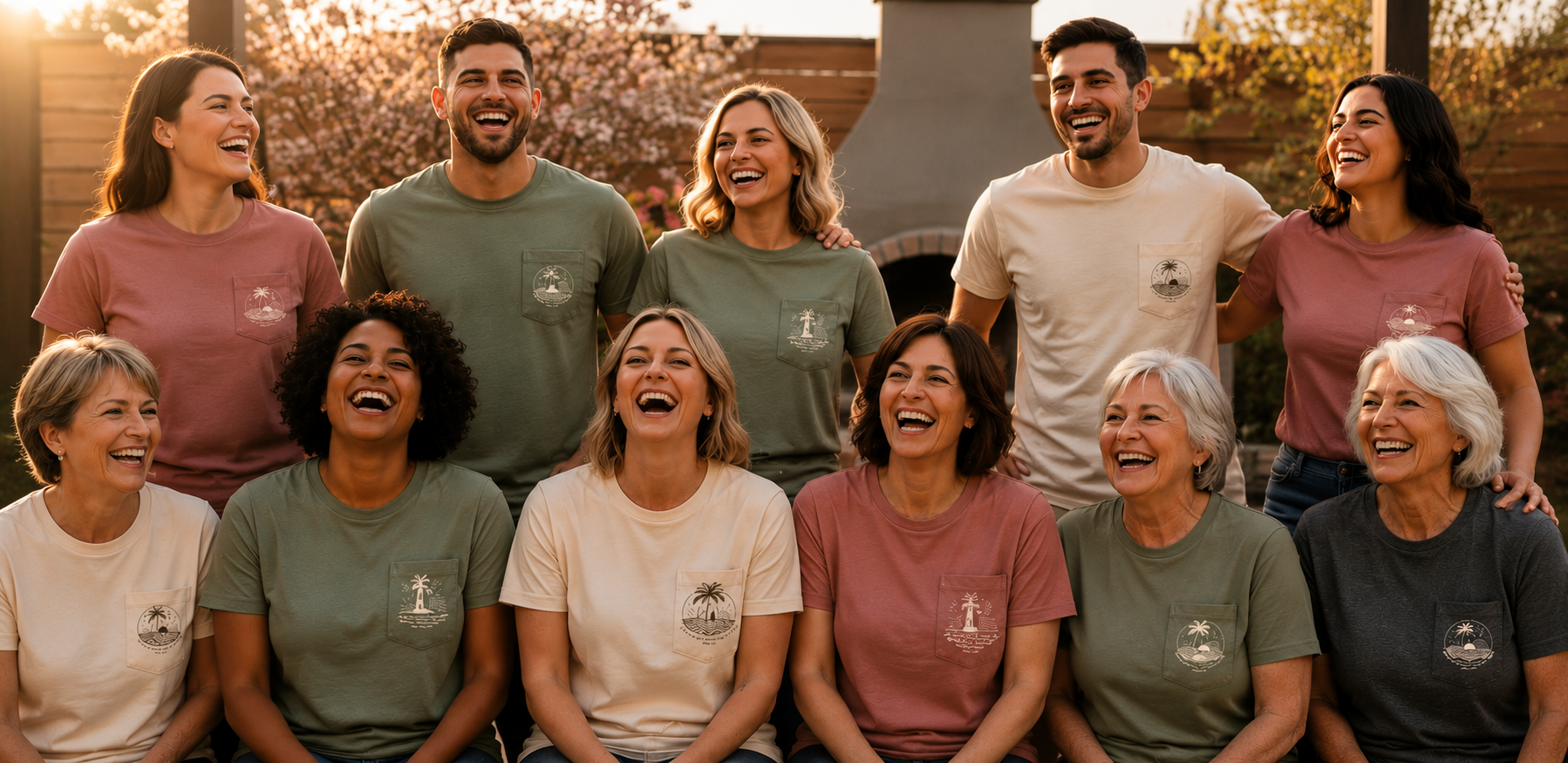 A joyful group of Pocket Psalms wearers gathered at golden hour