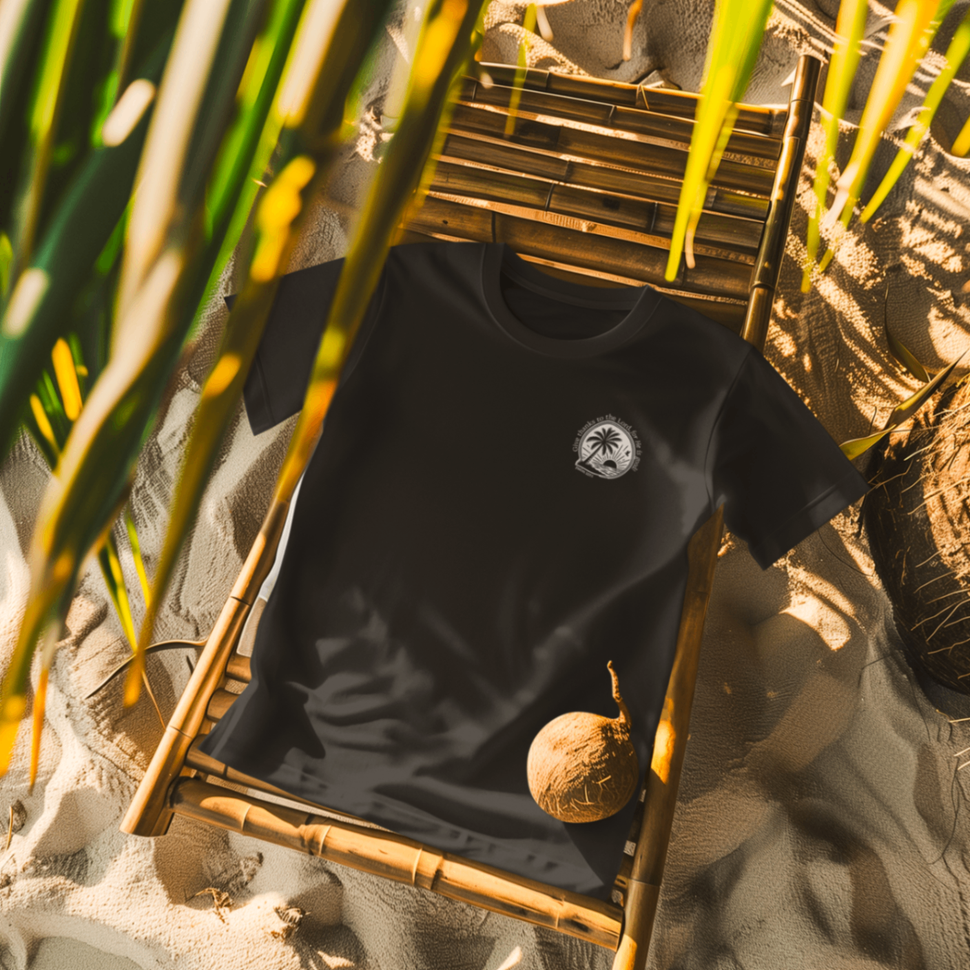 Pocket Psalms tee resting on a bamboo beach chair with palm shadows