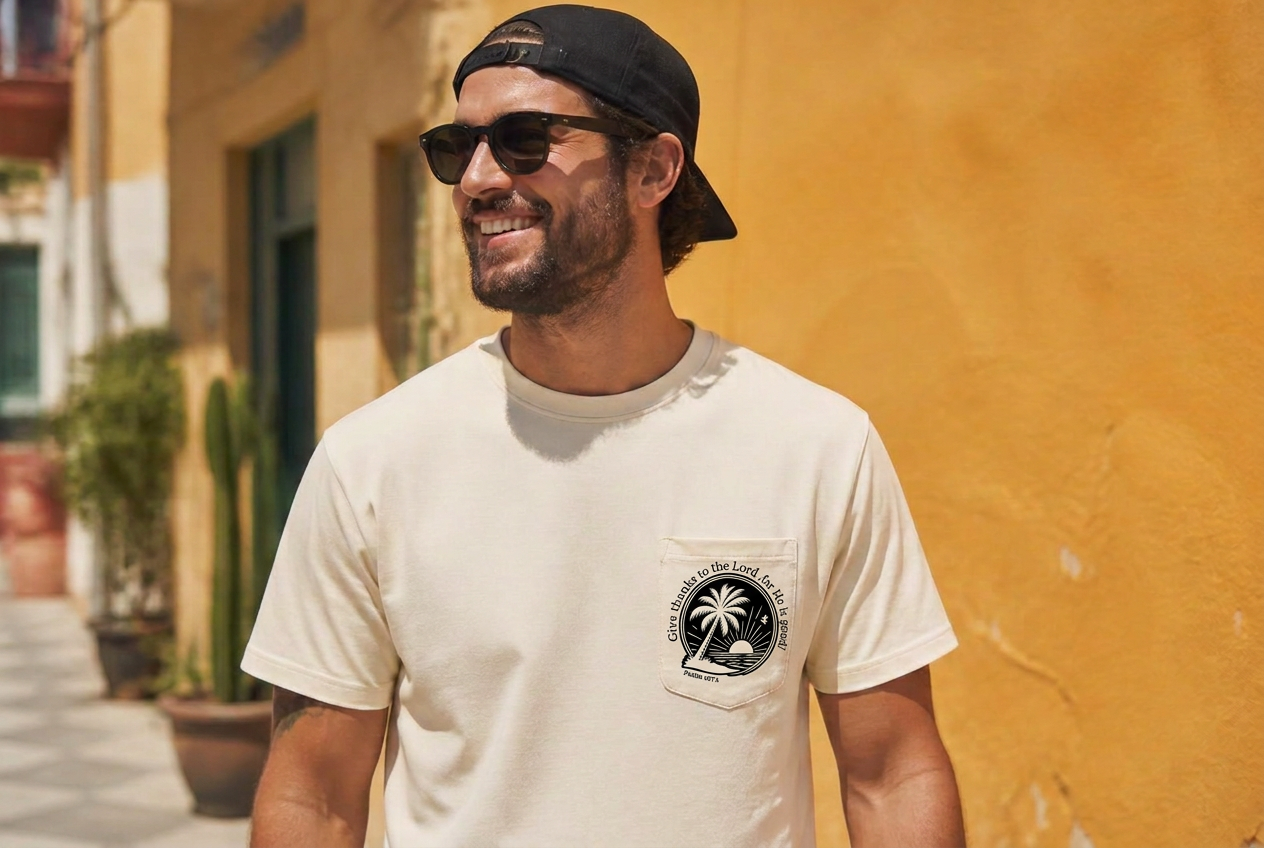 Man in a cap and sunglasses wearing a natural Pocket Psalms pocket tee printed with the Psalm 107:1 palm and sunrise design on the chest pocket