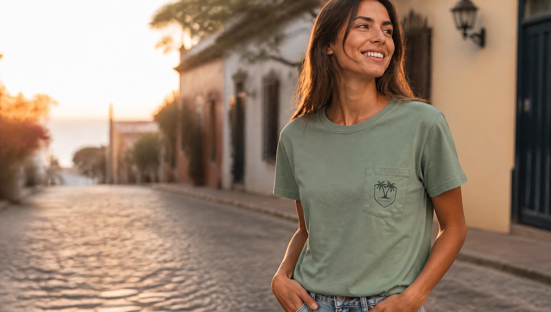 Woman on a cobblestone street wearing a sage Pocket Psalms pocket tee