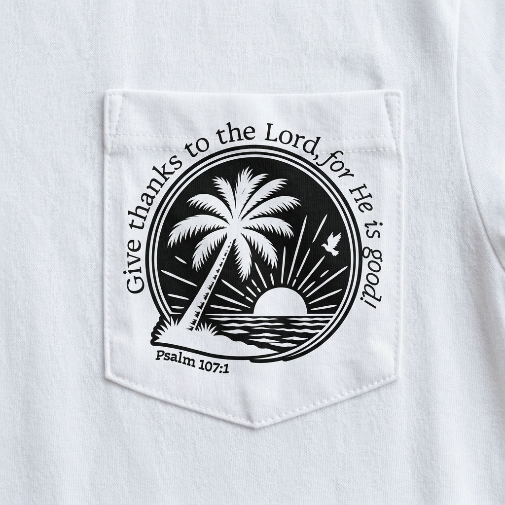 Psalm 107:1 design printed on a white pocket tee — close-up of the pocket