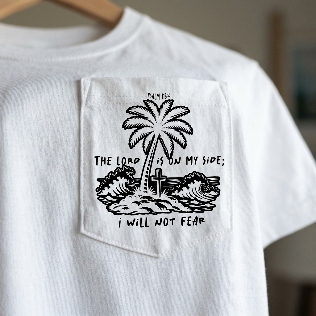 Psalm 118:6 design printed on a white pocket tee — close-up of the pocket