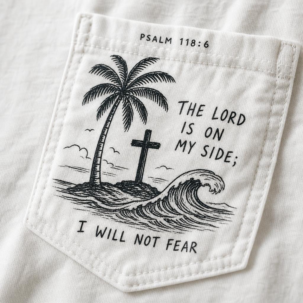 Psalm 118:6 design printed on a white pocket tee — close-up of the pocket