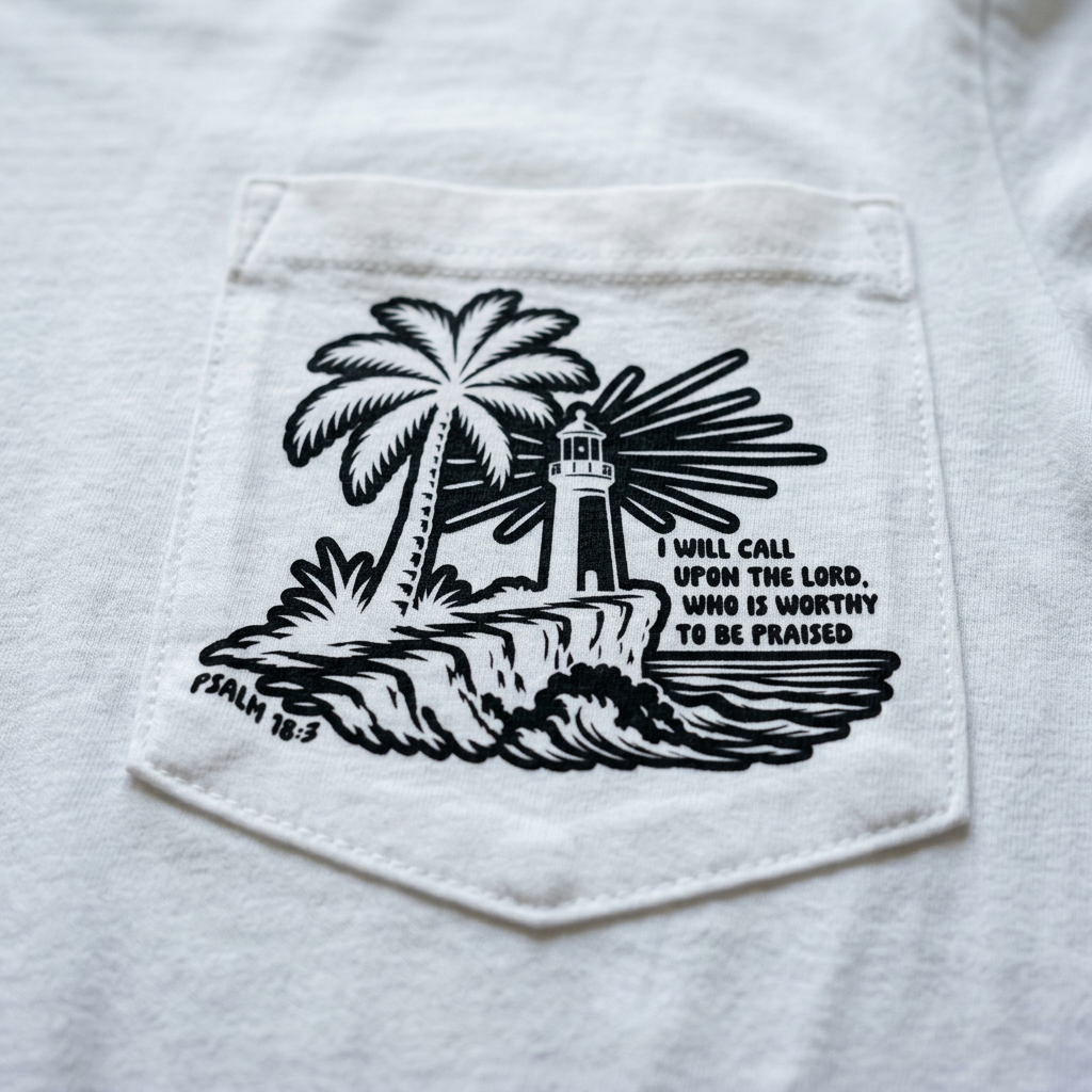 Psalm 18:3 design printed on a white pocket tee — close-up of the pocket