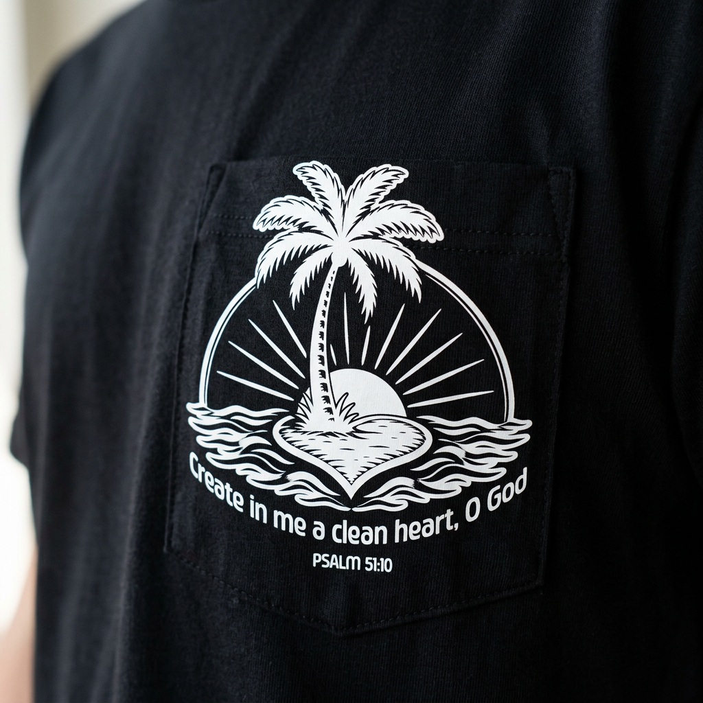 Psalm 51:10 design printed on a white pocket tee — close-up of the pocket