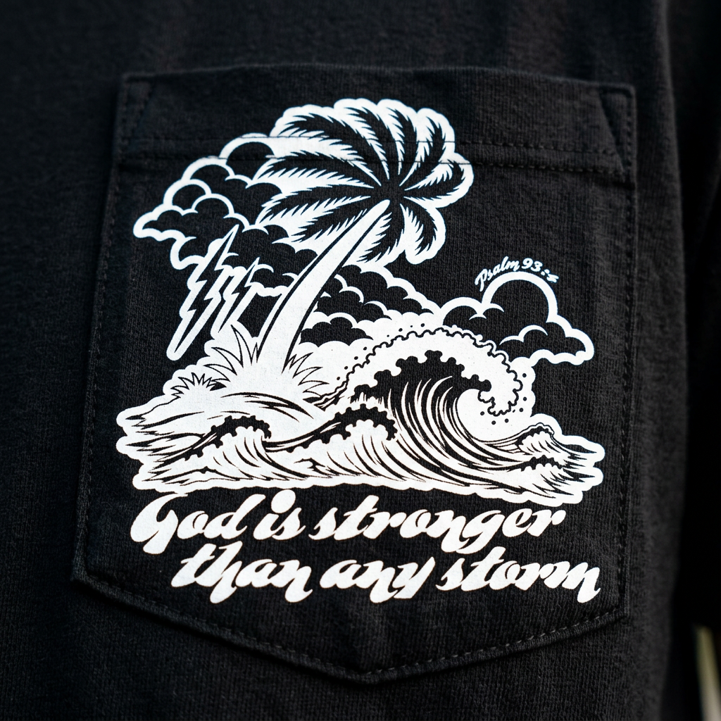 Psalm 93:4 design printed on a white pocket tee — close-up of the pocket